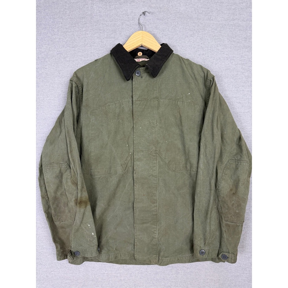 Vintage‎ French Chore Jacket Olive Green Canvas Workwear Coat Brown Collar